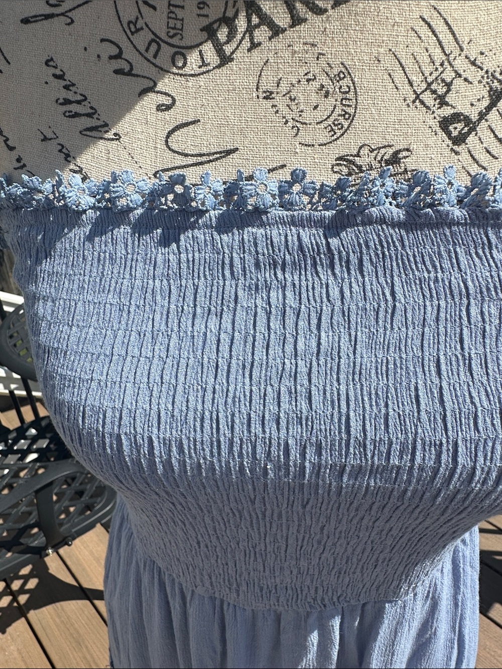 Simplee Apparel Light Blue Strapless Smocked Maxi Dress with Crochet Trim - Picture 2 of 5